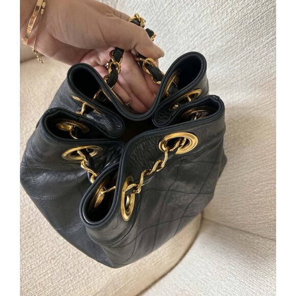 Authentic Vintage Chanel Bucket Bag Black Lambskin 24K Gold Hardware - Picture 11 of 13